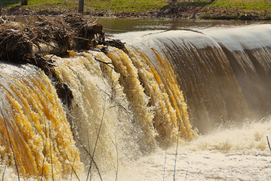 Muddy water cascading toward the sea